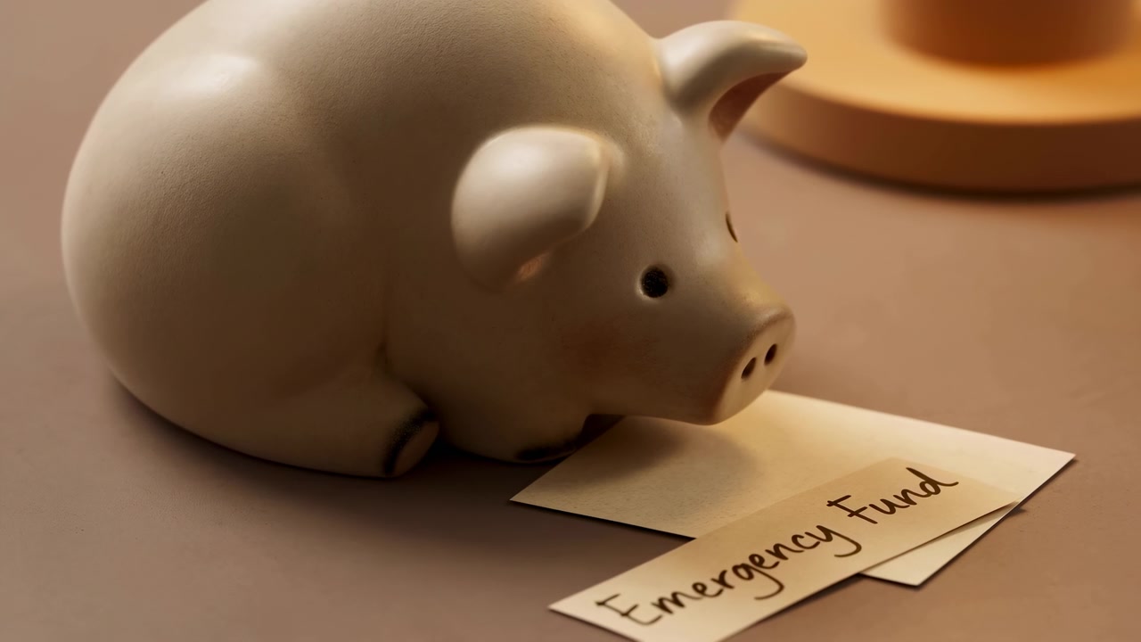 Um pequeno cofrinho de cerâmica está sobre uma mesa bege quente ao lado de um bilhete de papel escrito "fundo de emergência", com luz suave e um fundo desfocado criando um conceito calmo de finanças pessoais.