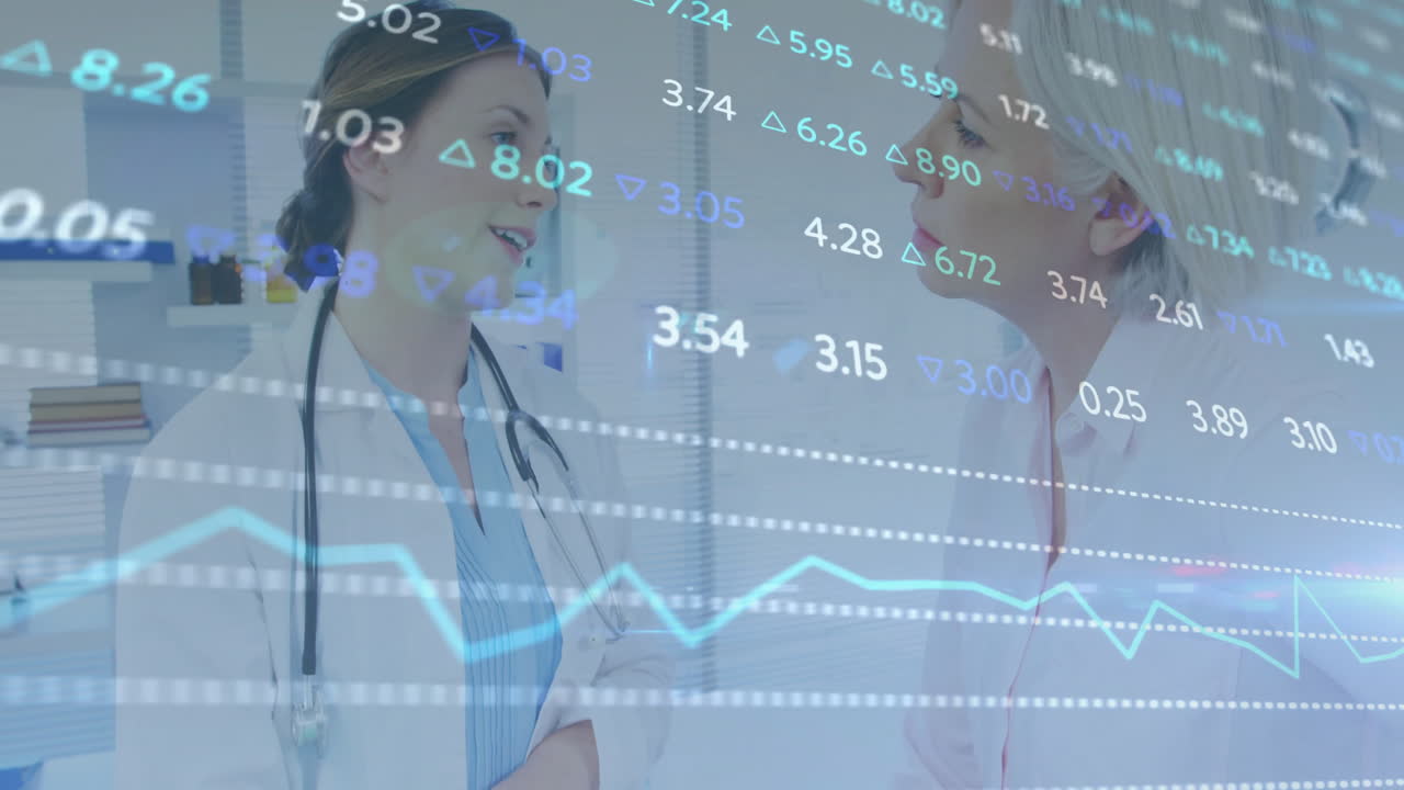 Financial data and stock market animation over doctors discussing in hospital