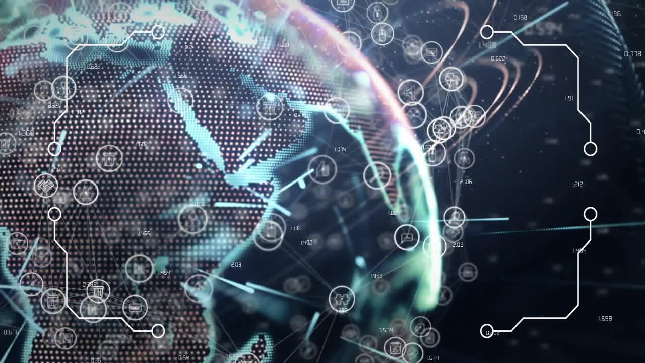 Animation of network of connections with globe and icons over data processing