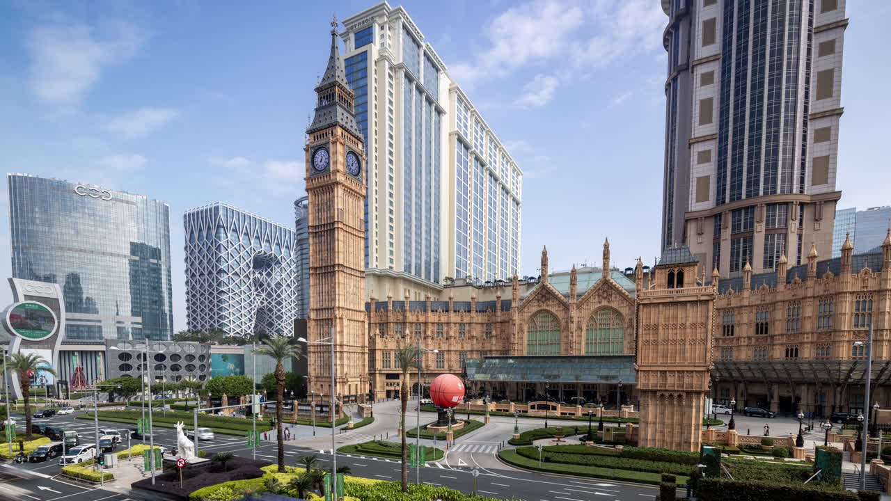 Time-lapse do Trânsito Intenso da Cidade e Arquitetura Icônica em Macau
