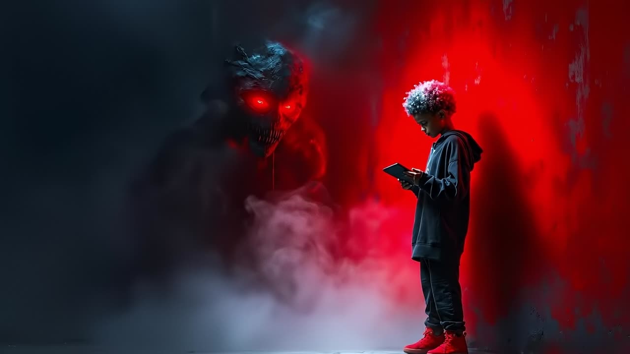 A young boy standing in front of a red wall holding a cell phone