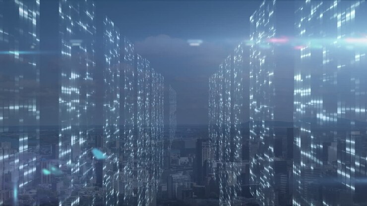 Animation of data processing over cityscape