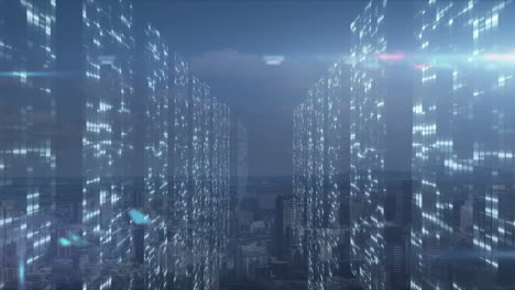 animation of data processing over cityscape