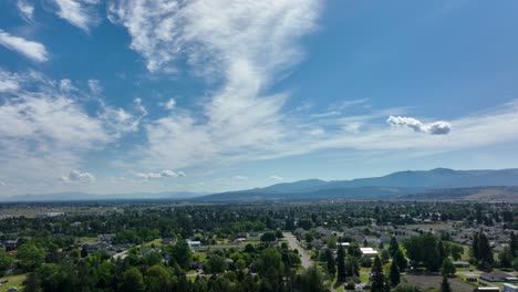 Wide-drone-shot-of-expansive-Spokane-neighborhoods-with-a-bright-blue-sky-and-wispy-clouds-flowing-overhead