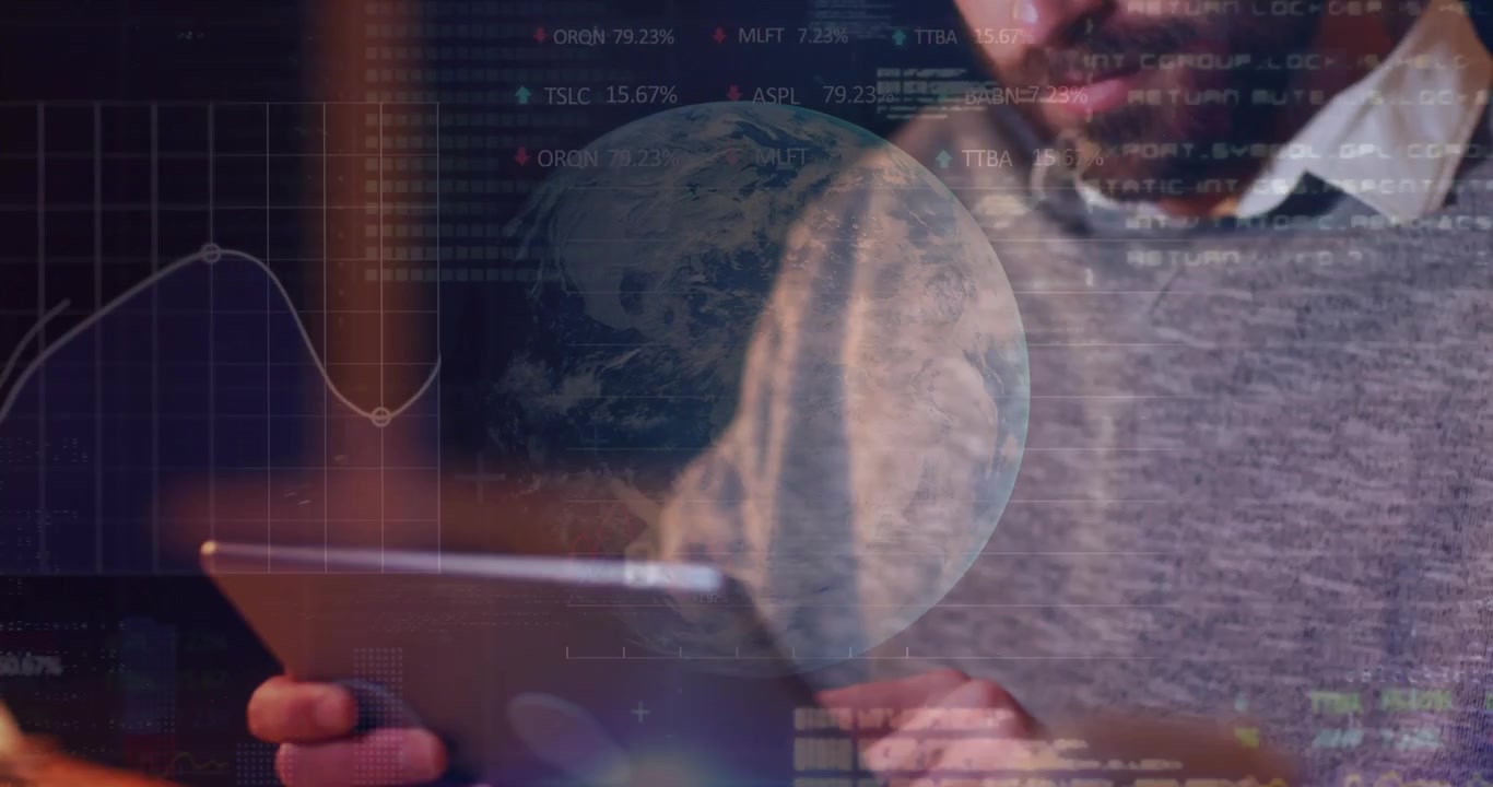 Man tapping and scrolling tablet, triggered by translucent data overlay, analyzing business charts