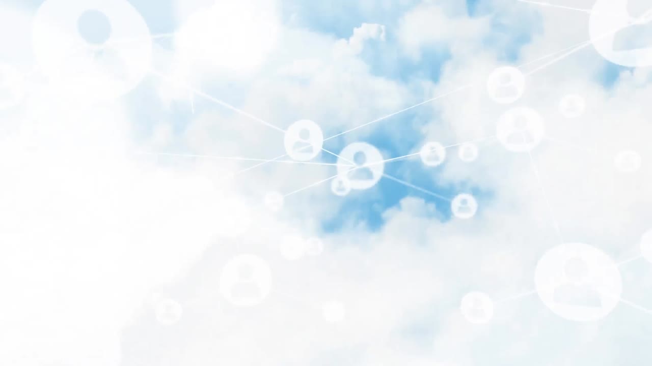 Animation of network of connections with people icons over clouds on sky