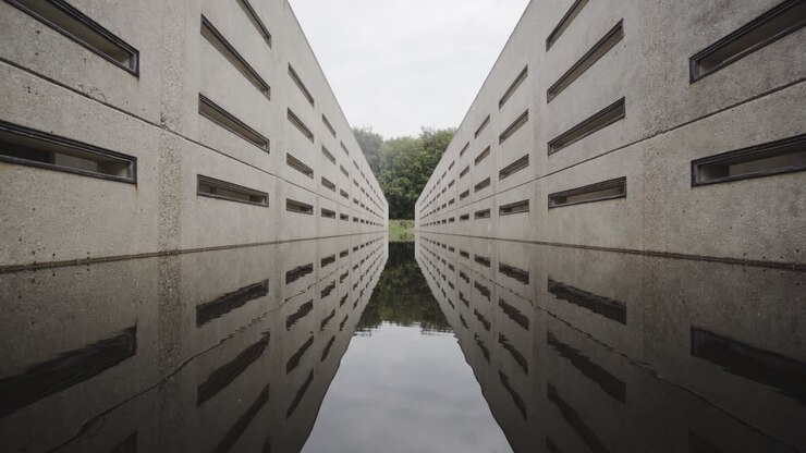 Riflesso del Deltawerk in cemento, un'ex struttura sperimentale idraulica a Waterloopbos Marknesse, Paesi Bassi