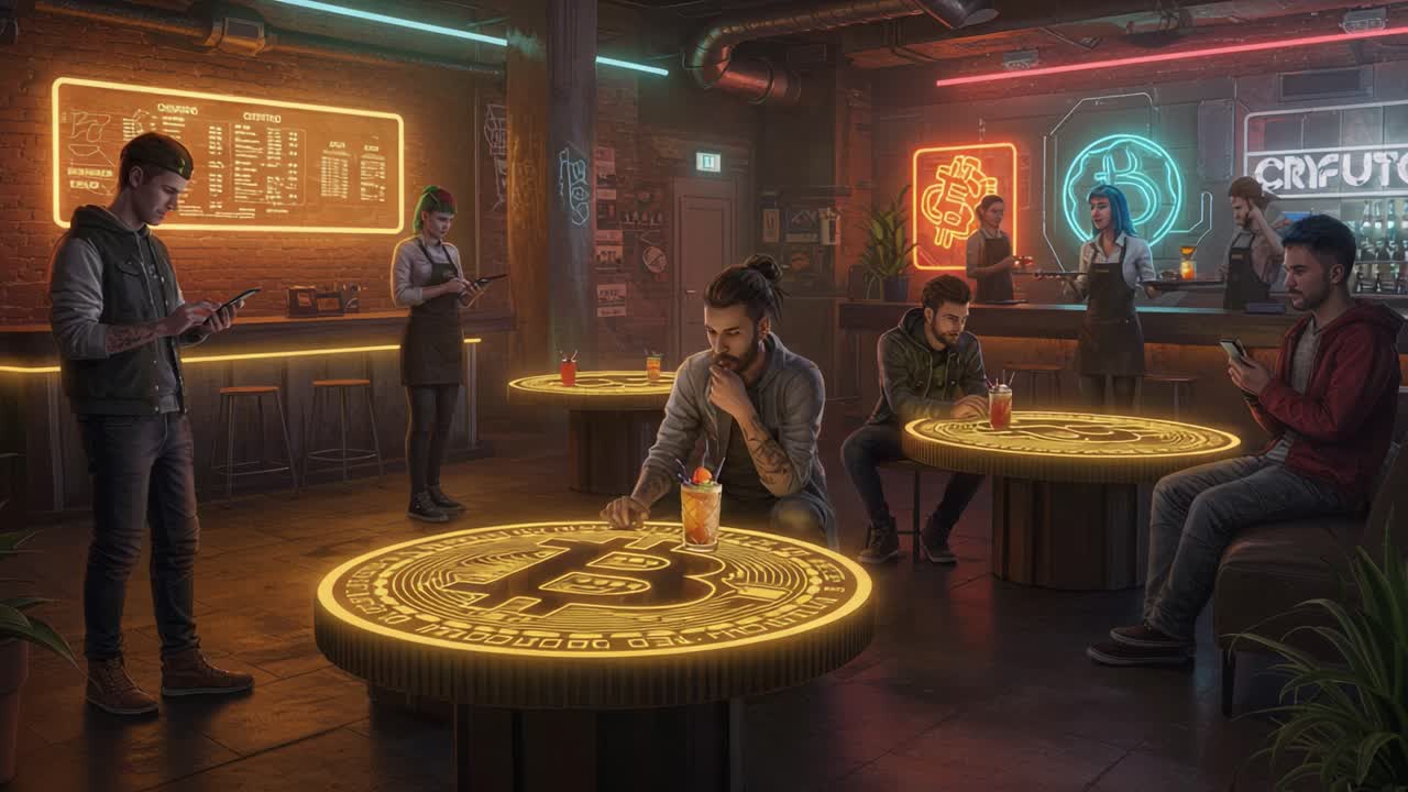 A Vibrant Cryptocurrency Lounge Scene: Engaged Patrons Interact with Bitcoin Tables and Drinks in a Lively Bar Atmosphere Filled with Neon Lights