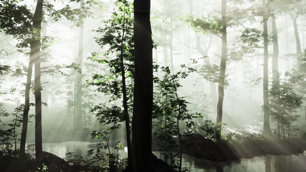 Misty morning light dances through trees in a serene forest landscape