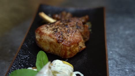 Fried-meat-with-mushrooms-and-pasta-with-sour-cream-in-slow-motion