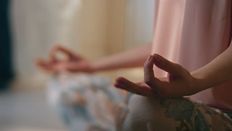 closeup girl hands meditating in lotus position. serene person practicing mudra