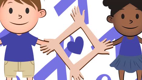 animación de iconos infantiles y corazón sobre cintas azules de cáncer