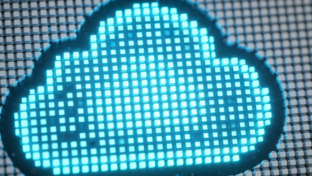 Display starting cyan cloud icon cycling ring pixels on macro LED grid, showing data flow