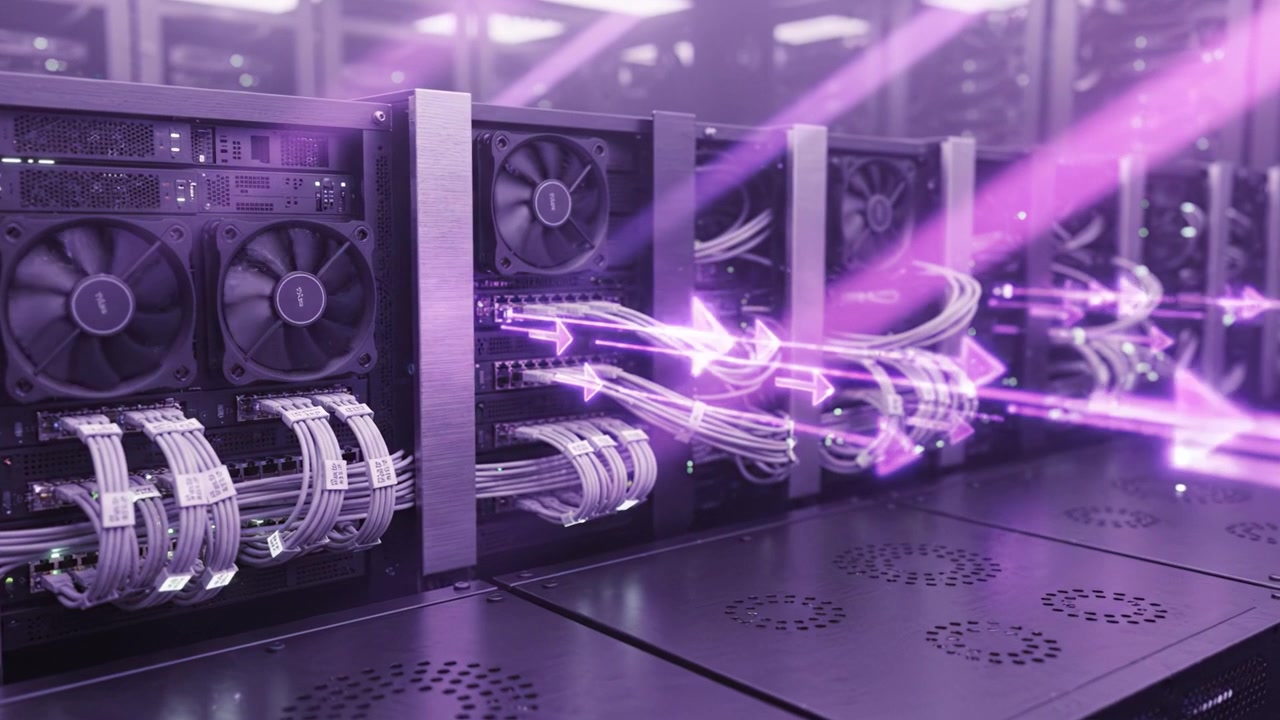 High-Tech Data Center with Advanced Server Racks and Illuminated Cabling, Showcasing Modern Computing Infrastructure and Efficient Power Management Systems