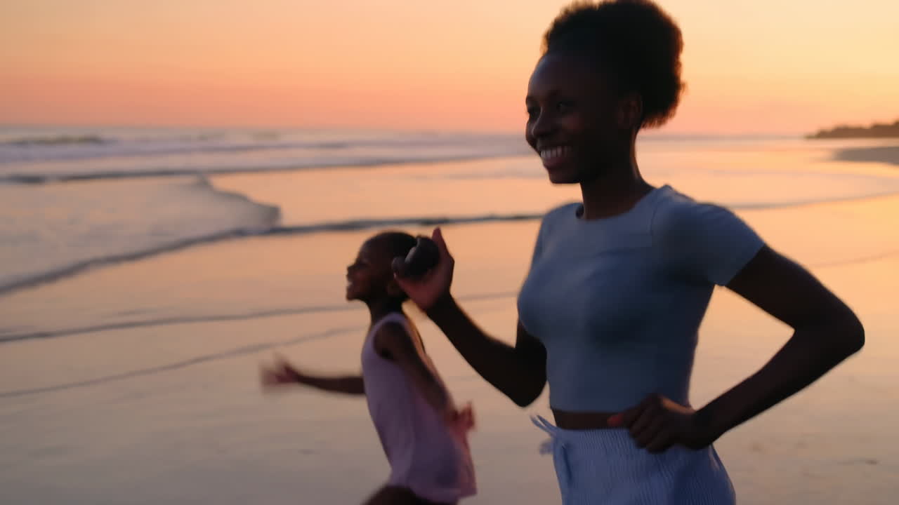 Mother And Daughter Running At Sunset Along Ocean Shore, Warm Golden Light, Smiling Faces, Playful Splashing