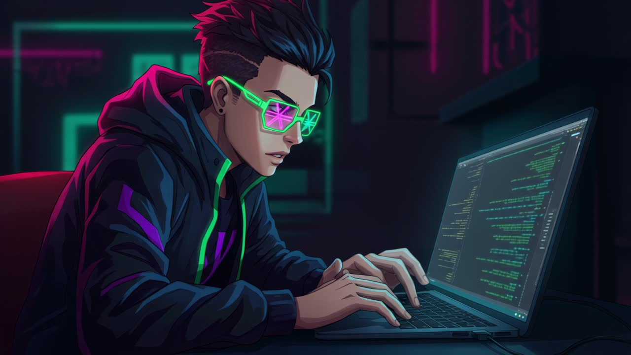 A young programmer immerses himself in an intense coding session, surrounded by the vibrant glow of neon lights in his room late at night