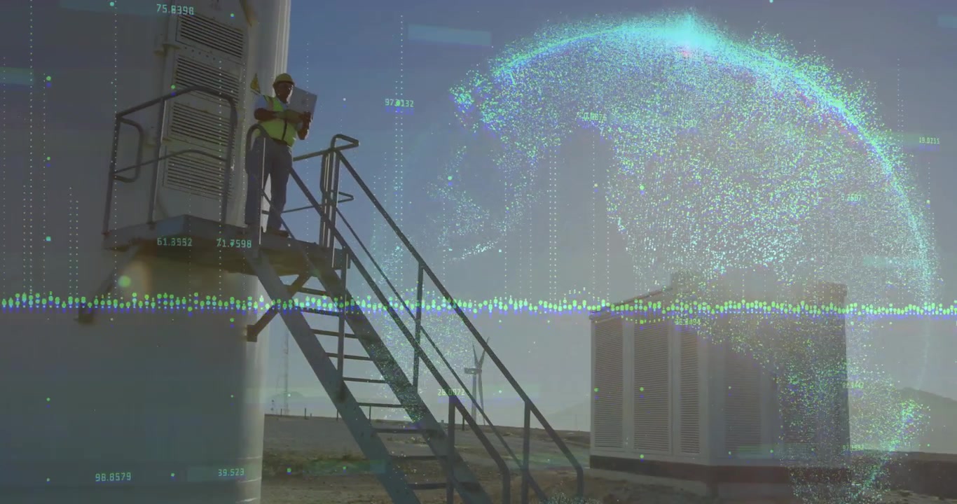 Field engineer climbing steps after data overlay pulsing while monitoring energy turbine via laptop