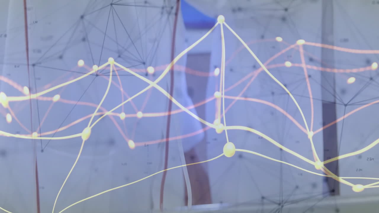 Data processing animation with abstract network connections on blurred background