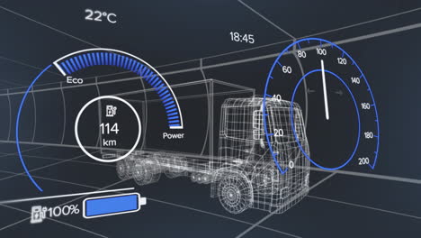 animation of interface with charging battery icon and speedometer over truck