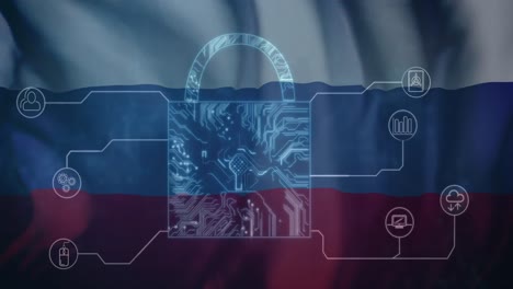 animation of padlock and data processing over flag of russia