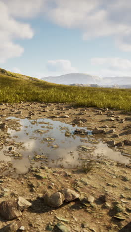 a wide shot of a field with a puddle in the foreground. the sky is blue and cloudy, and there are hills in the distance.