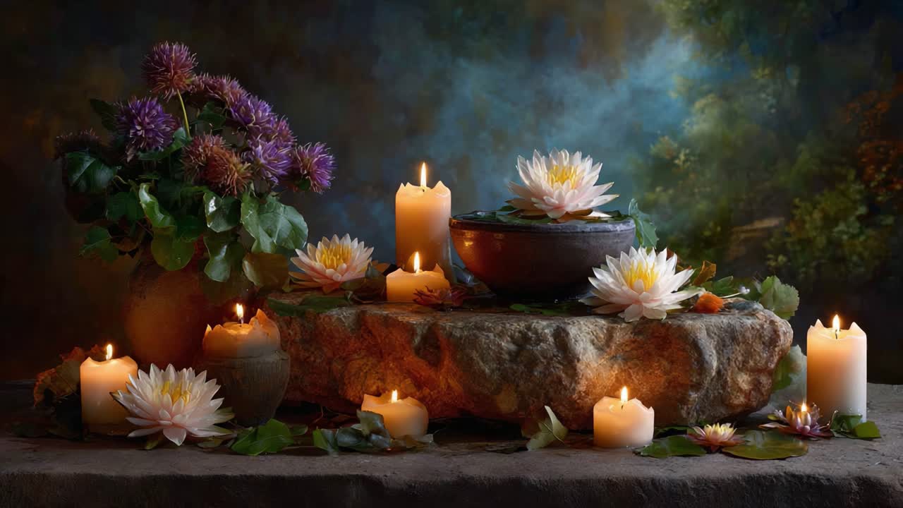 Una serena disposizione di candele e ninfee illumina un ambiente tranquillo, creando un'atmosfera di pace e delizia, perfetta per la riflessione e il relax.