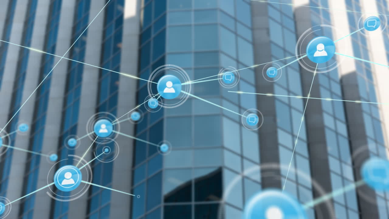 Animation of network of profile icons against aerial view of tall buildings