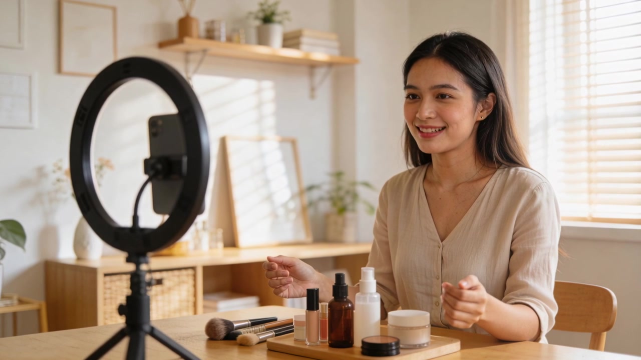 Ponsel mulai merekam di tripod, wanita Asia berblus di rumah mendemonstrasikan perawatan kulit dengan lampu cincin