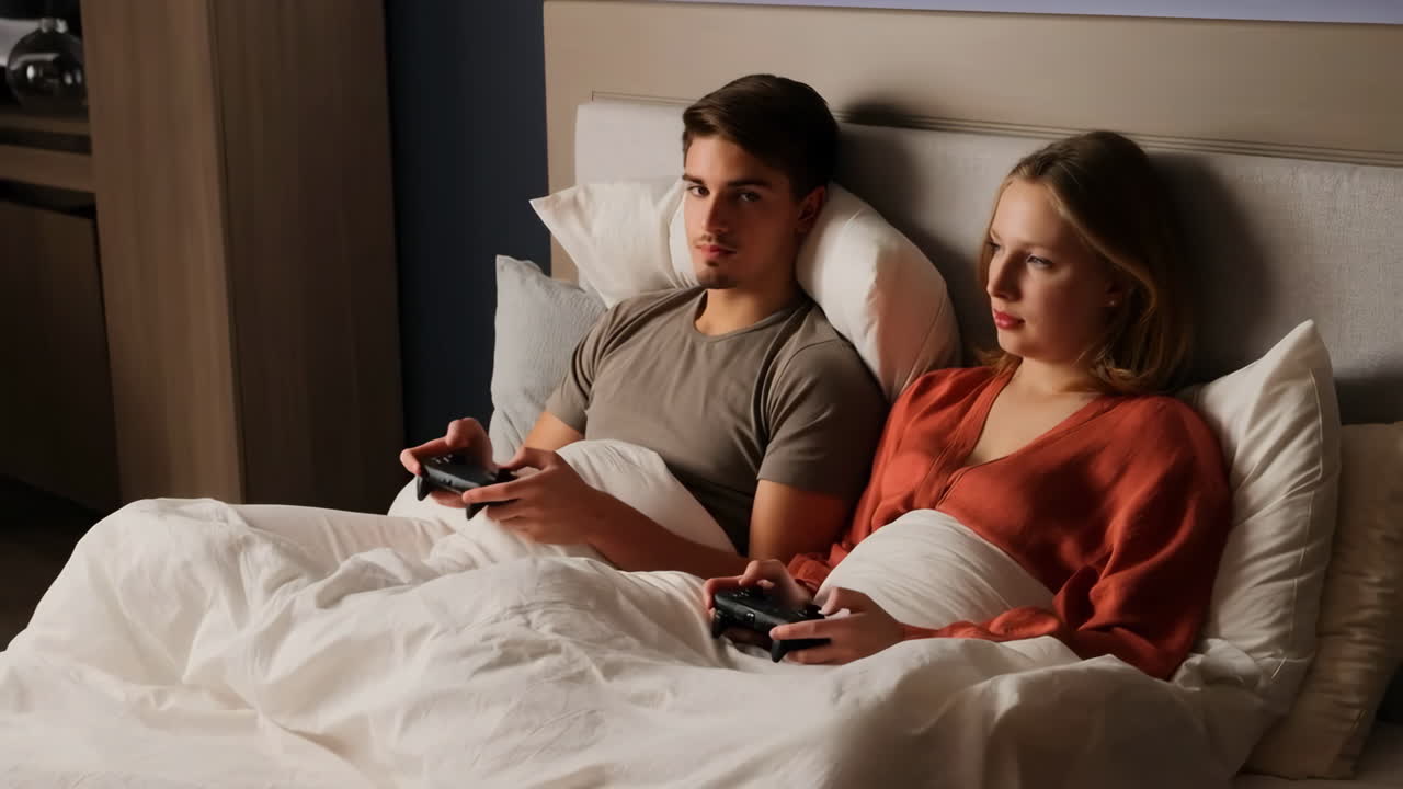 ベッドでゲームをするカップル