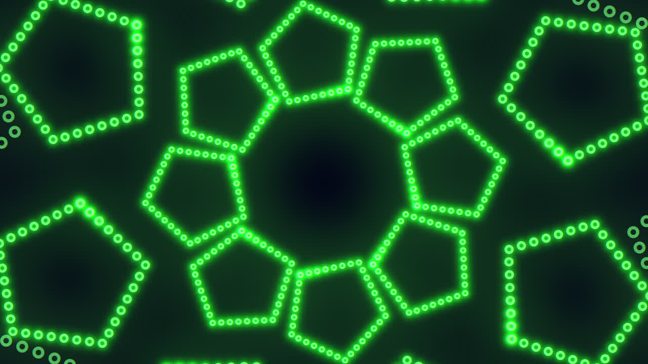 Symmetrische groene stippenhexagons, onderling verbonden door lijnen, vormen een prachtig cirkelvormig patroon, wat een visueel aantrekkelijk en ingewikkeld ontwerp met repetitieve elementen creëert.