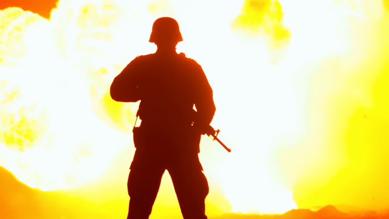 Soldier Silhouette Against Massive Explosion Backdrop, Cinematic Slowmotion Infantry Figure Holding Rifle,