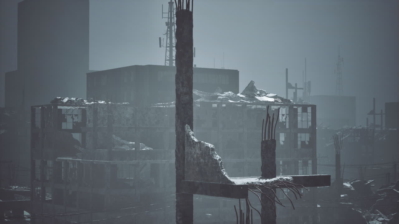 폐허와 폐허와 함께 안개가 가득한 황혼 동안 포획 된 도시에서 파괴