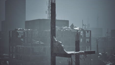 destruction in a city captured during foggy dusk with debris and ruins