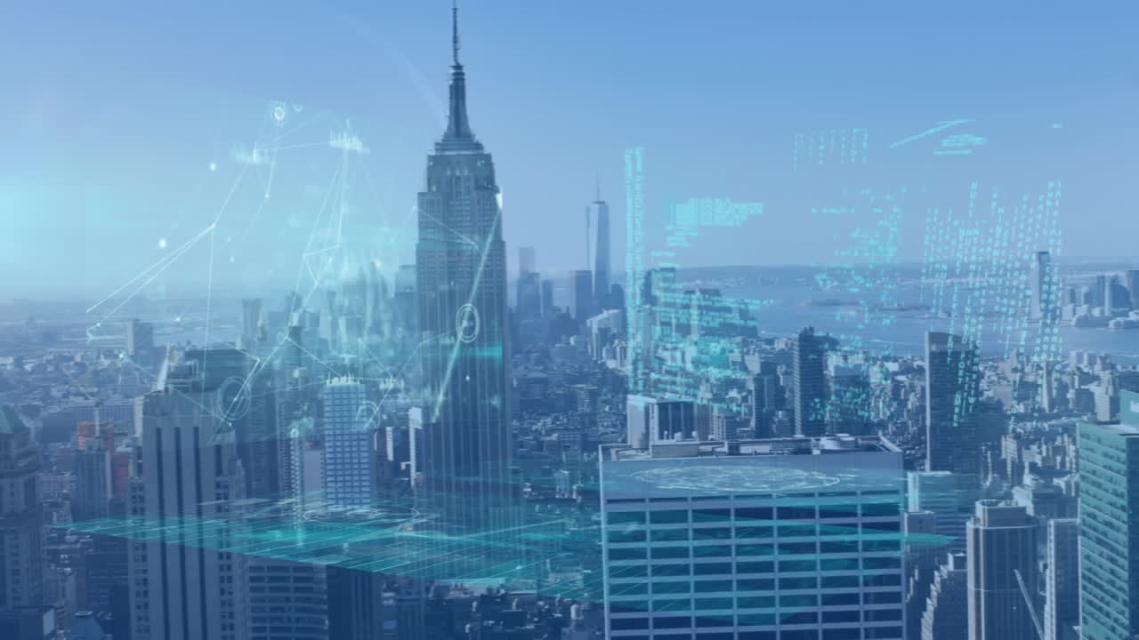 도시 풍경 위의 데이터 처리 애니메이션