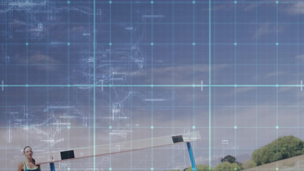 Woman adjusting strap, approaching and clearing beam for fitness, blue grid overlay tracking