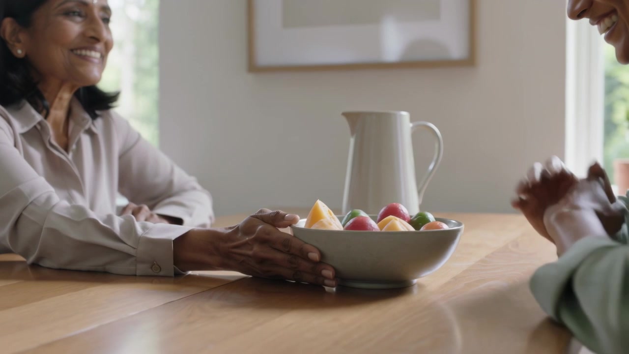 Smiling senior in beige blouse sliding fruit bowl across dining table, handing daughter to share