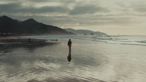 4k aerial person walking on the beach with hills in background and wet sand