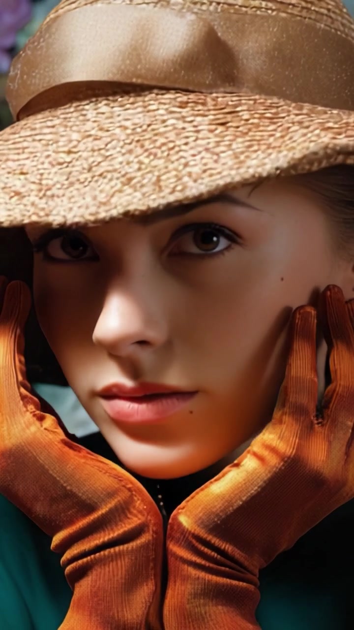 Un sorprendente ritratto ravvicinato di una donna con un elegante cappello di paglia e vivaci guanti arancioni, che trasmette eleganza ed emozione attraverso la sua espressione e posa.