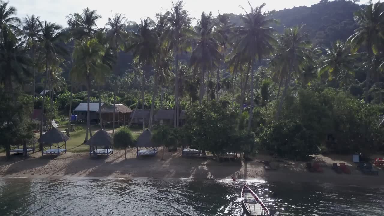 Tropical Beach Resort with Palm Trees and Huts