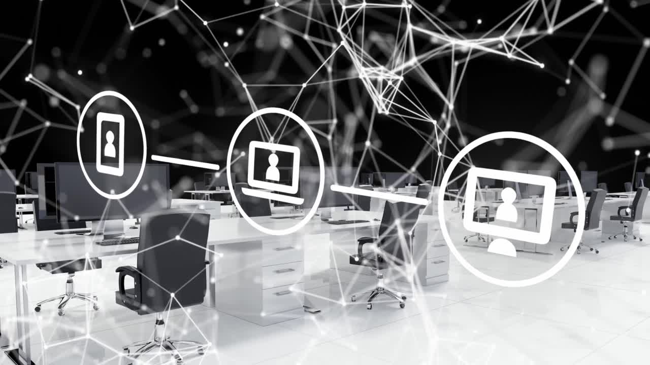 animación de iconos tecnológicos y conexiones a través de escritorios de oficina