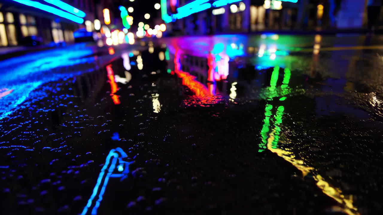Rainy Night Street Scene with Neon Reflections