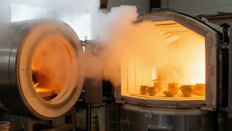 captivating glow: a glimpse inside a pottery kiln as creative artisans conduct the firing process, revealing stunning artisan ceramics in a mystical atmosphere