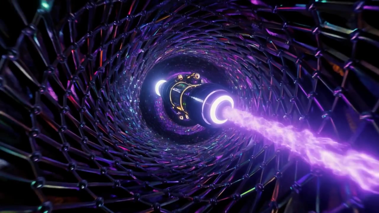 Futuristic Spaceship Traveling Through a Glowing Nanotechnology Tunnel