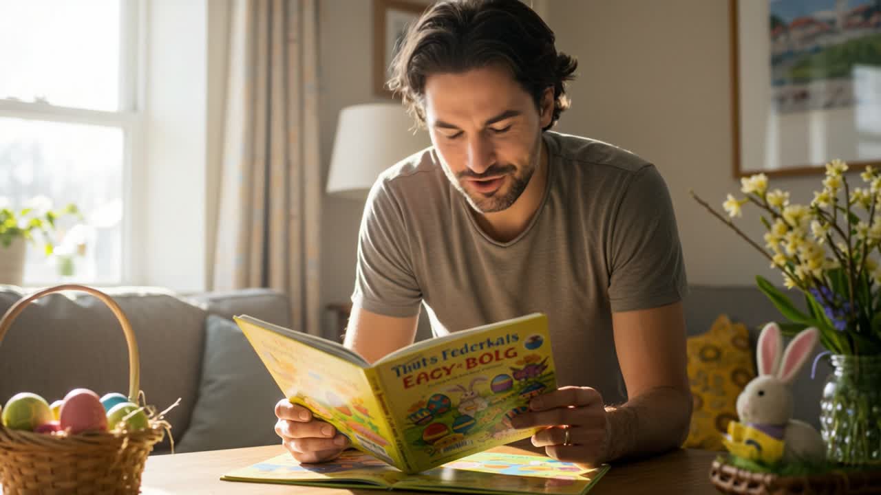 A Joyful Moment of Discovery: A Man Engaged in Reading an Illustrated Children's Book with Enthusiasm and Warmth in a Cozy, Sunlit Living Space