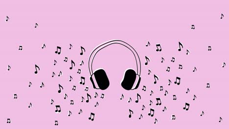 Animación-Loopable-De-Auriculares-Rodeados-De-Notas-Musicales-Sobre-Un-Fondo-Rosa