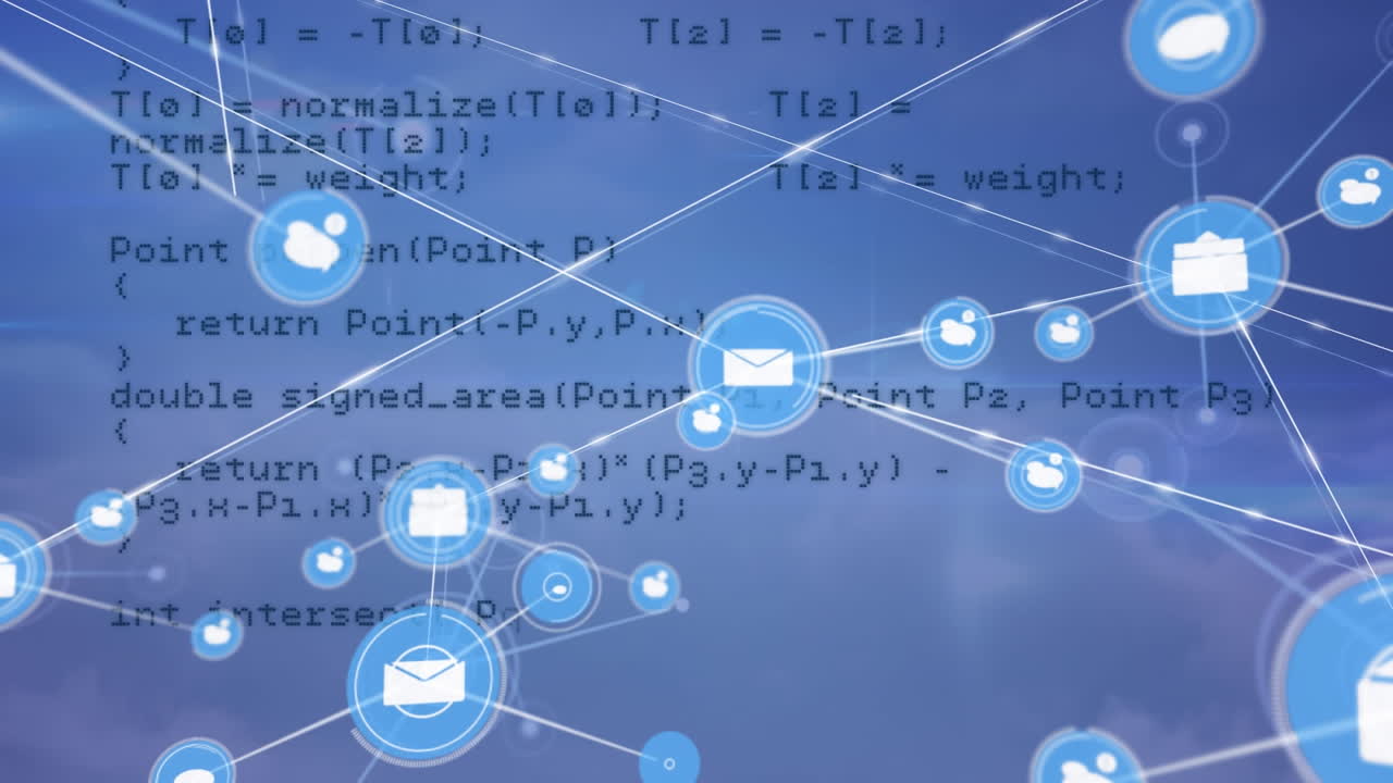 Animation of network of connections with digital icons and data processing on blue background