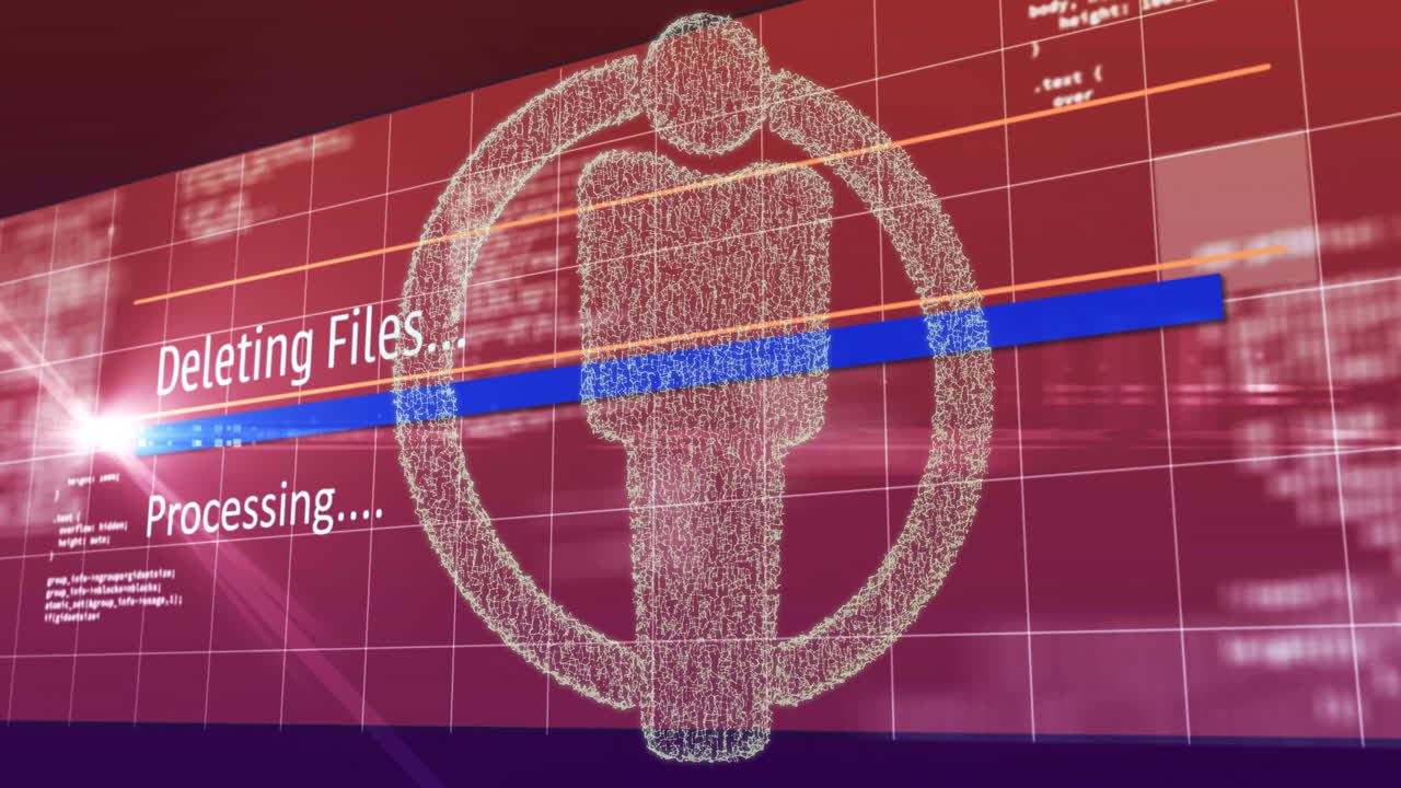 Deleting files, digital figure with animation over red grid background