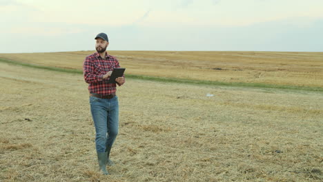 agricultor que usa una tableta y observa sus cultivos