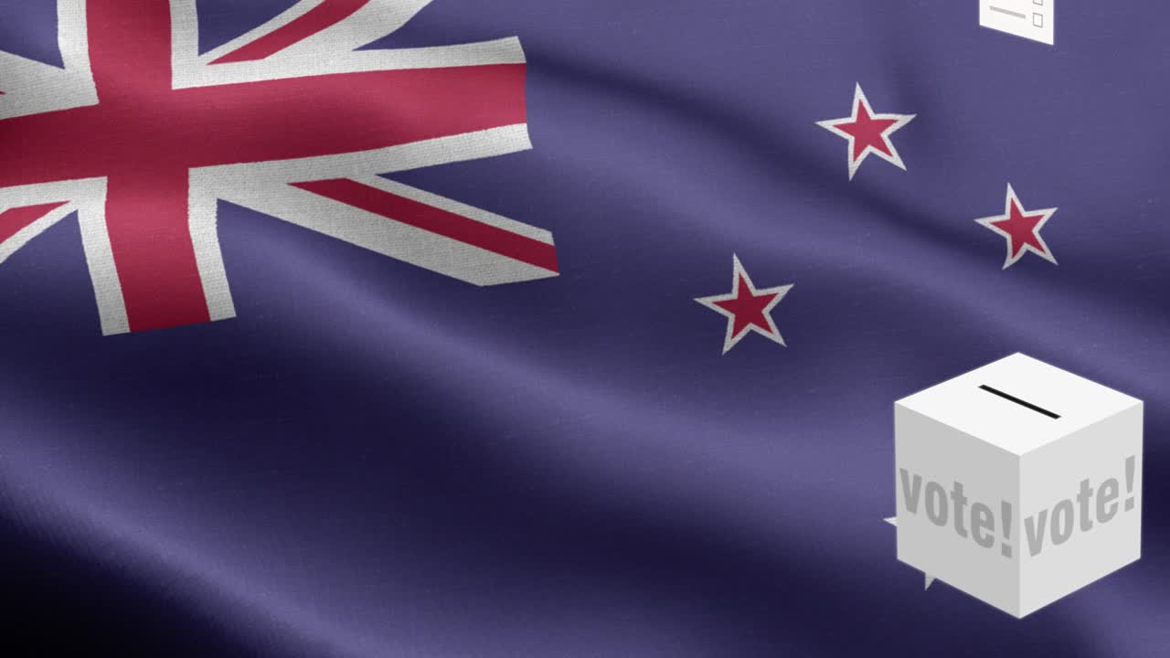 투표용지가 뉴질랜드를 위해 박스에 날아갑니다. 선택 - 발 앞에 있는 투표용지 - 선거 - 투표 - 뉴질랜드의 발 - 뉴질랜드 발 높은 세부 사항 - 국가 발 뉴질랜드의 파동 패턴 루프 가능한 요소 - 직물 질감과 끝없는 루프