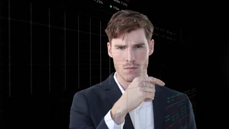 animation of data processing over caucasian businessman thinking